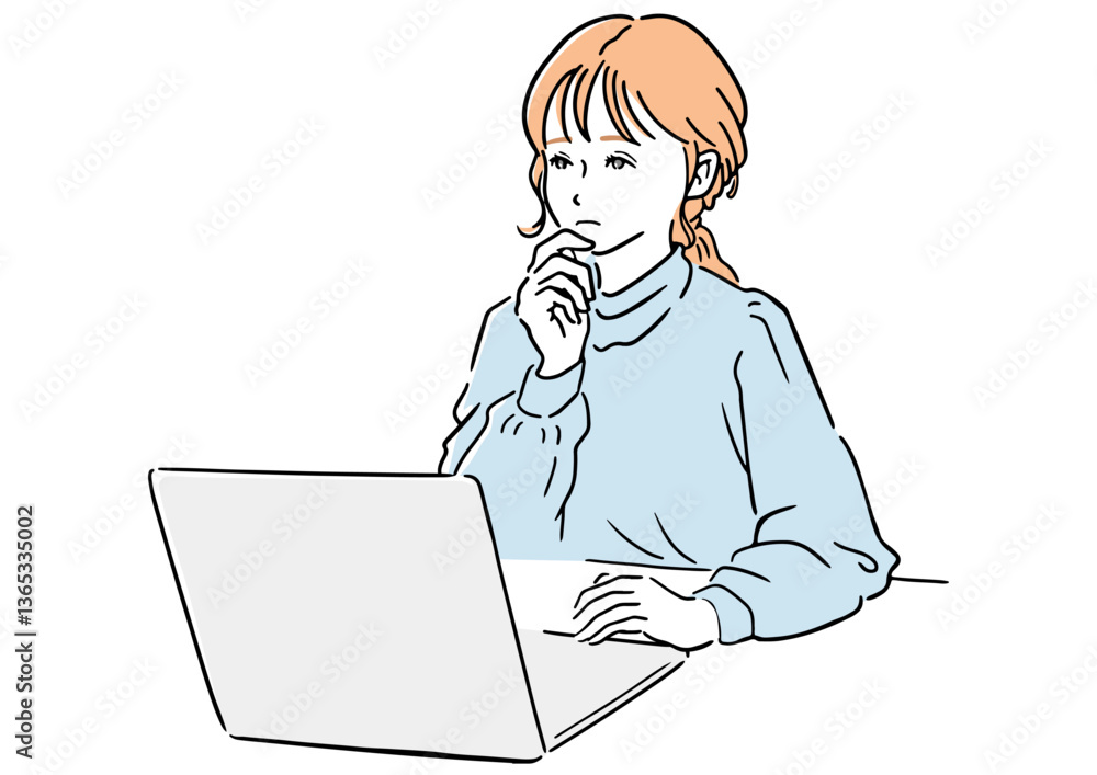 ノートPCを見ながら考える女性 - アイデア、思考、問題解決のイラスト