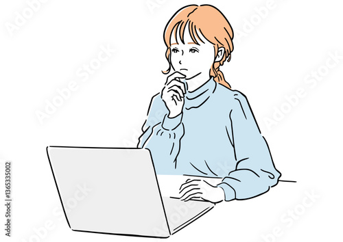 Obraz na płótnie ノートPCを見ながら考える女性 - アイデア、思考、問題解決のイラスト w salonie
