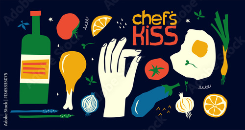 Hand drawn food illustration hand drawn set of the breakfast, lunch icons. Vector of wine glass, eggs, tomatoes, vegetables. Illustrations for invitations, menus and parties.