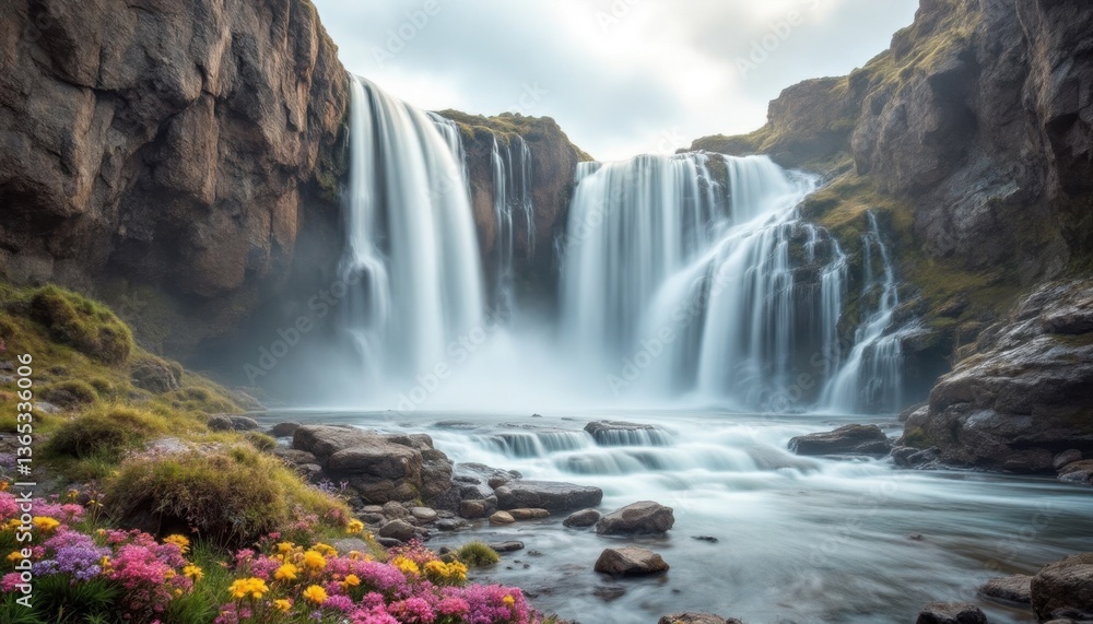 Fototapeta premium Majestic waterfall cascading over rocky cliffs with vibrant flowers in tranquil landscape