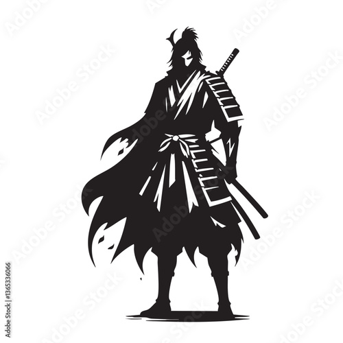 Samurai Warrior: A Black and White Vector Illustration of a Japanese Ronin with Katana