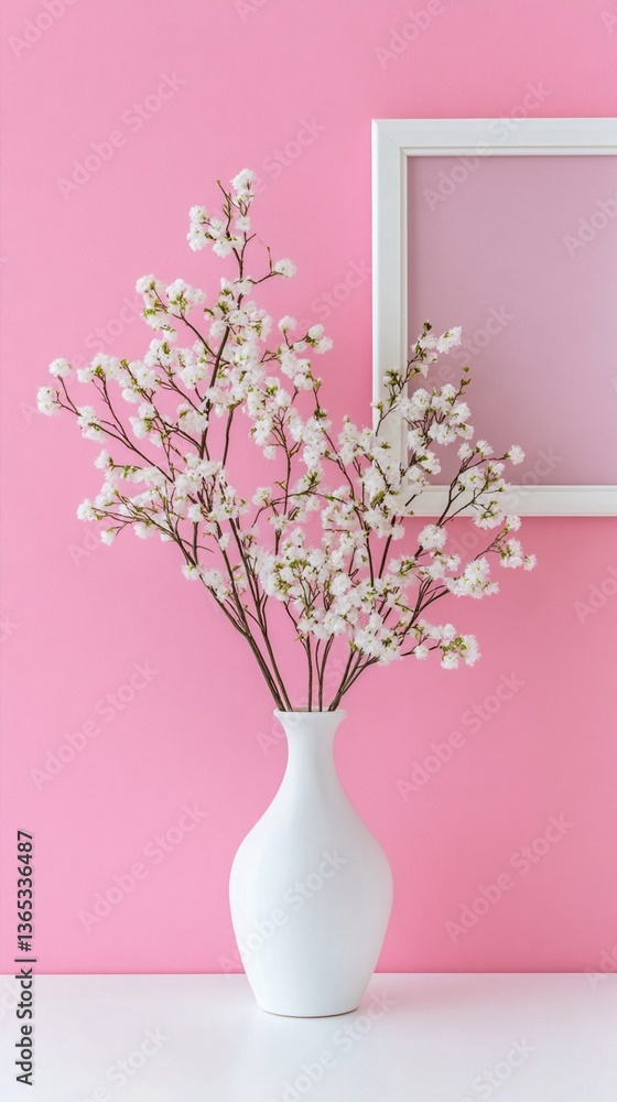 Delicate white cherry blossoms in a minimalist ceramic vase, creating an elegant composition against a soft pastel pink background with subtle white frame Delicate white cherry blossoms in a minimalist ceramic vase, creating an elegant composition against a soft pastel pink background with subtle white frame