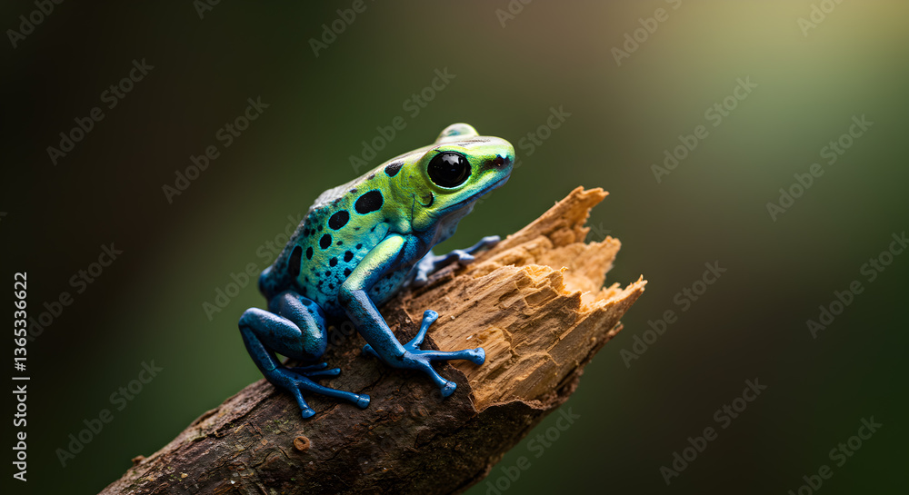 Fototapeta premium Vibrant poison dart frog perched on a weathered branch in the rainforest