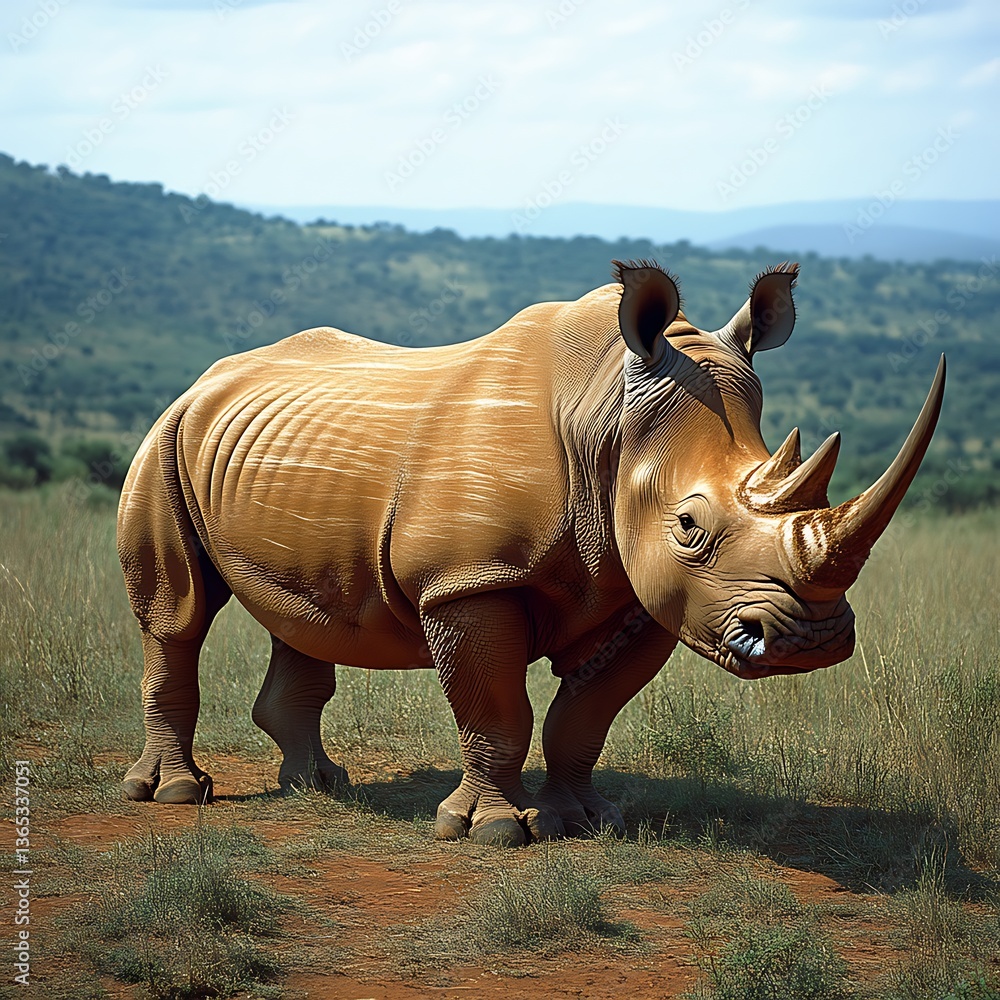 Fototapeta premium Majestic white rhino in African savanna landscape