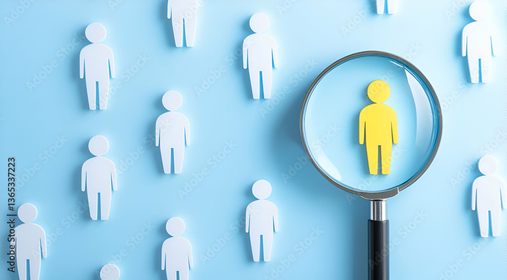 A magnifying glass over an array of simple human figures, symbolizing employee selection and representation in the corporate world on a light blue background with copy space A magnifying glass over an array of simple human figures, symbolizing employee selection and representation in the corporate world on a light blue background with copy space