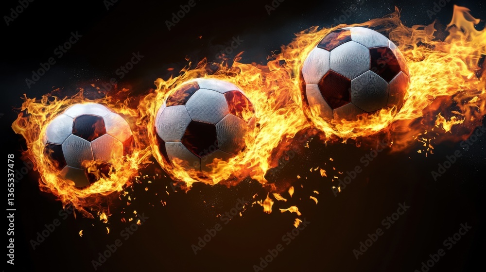 Fototapeta premium soccer balls on fire, against a black background