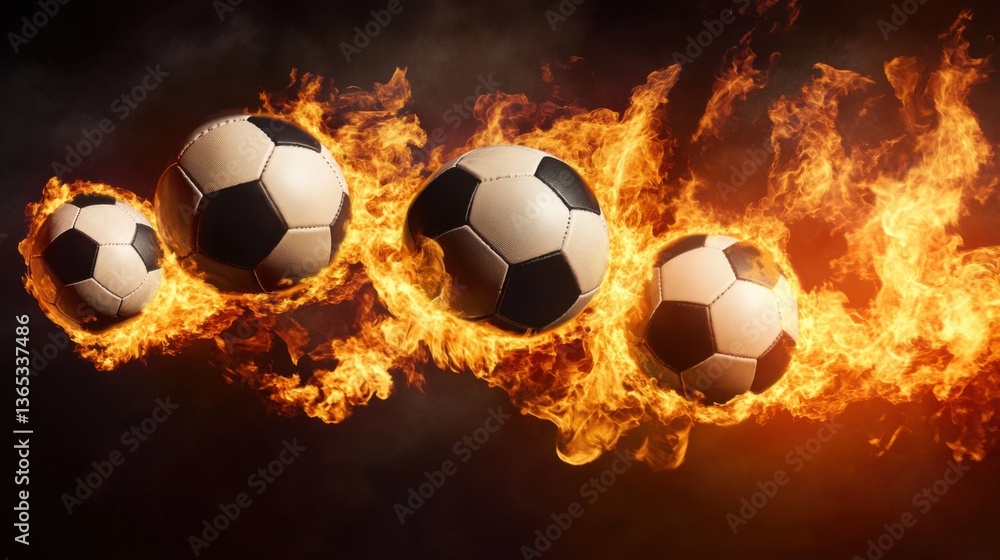 Fototapeta premium soccer balls on fire, against a black background