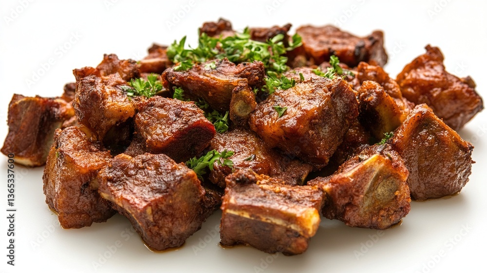 Close-up of delicious, savory, cubed barbecue pork ribs, garnished with fresh parsley. Close-up of delicious, savory, cubed barbecue pork ribs, garnished with fresh parsley.