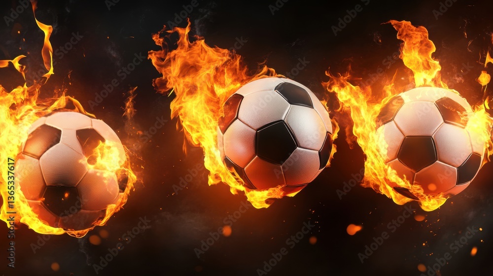 Naklejka premium soccer balls on fire, against a black background