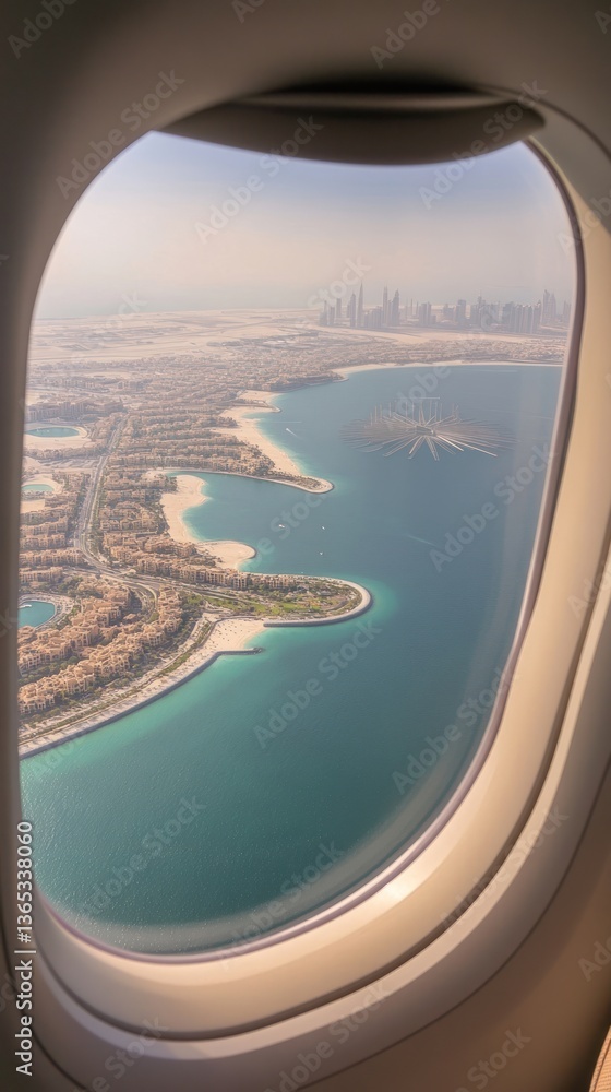Fototapeta premium Airplane window jumeirah ocean dubai.