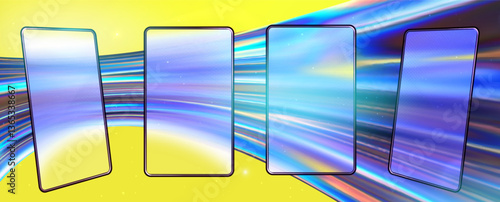 Glassmorphism screen smartphone. Transparent matt glass plates on the holographic blue texture. Smartphones on the modern tech yellow abstract background