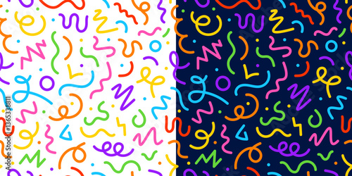 Kids holiday squiggle seamless pattern. Color swirled line ornament. Vector playful and colorful squiggly doodle curves across a two panel background of white and blue. Party creative confetti print