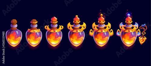 Fire magic rank badge, game level progress stage. Cartoon vector fiery magical potions in ornate mystical glass bottles, evolving from a simple flask to an enchanted artifact with glowing liquid