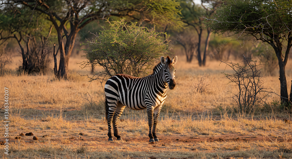 Obraz premium Striking Zebra Portrait in African Savanna Landscape during golden light hour