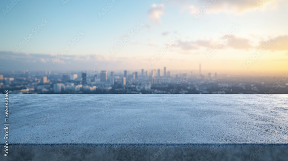 Fototapeta premium 都会の空とビルを望むコンクリートテーブルのクールな構図
