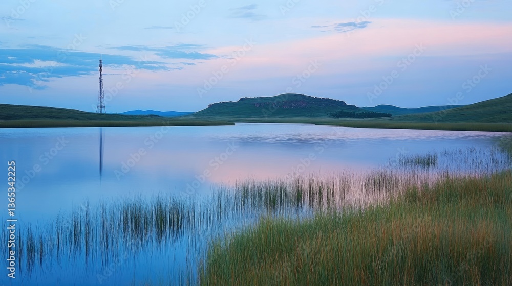 Lake at dusk with grassland in the foreground and a radio tower Lake at dusk with grassland in the foreground and a radio tower