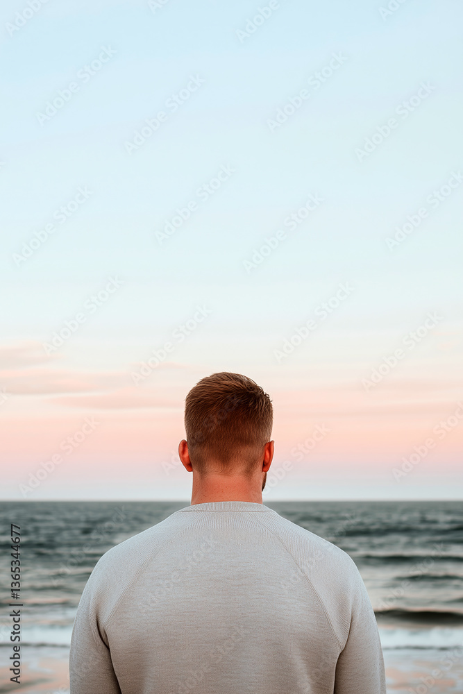 Back view of man gazing at the ocean during pastel sunset, calm and peaceful moment at the beach Back view of man gazing at the ocean during pastel sunset, calm and peaceful moment at the beach