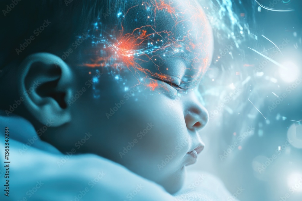 Obraz premium A futuristic depiction of a baby's profile with electric brain patterns, representing the connection between innocence and the wonders of emerging technology in a conceptual design.