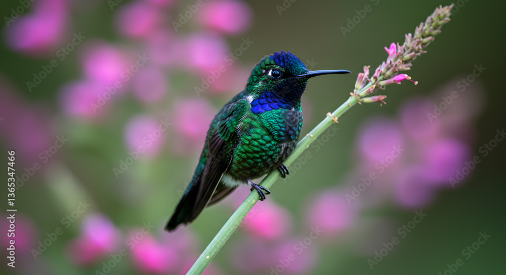 Obraz premium Vibrant Emerald Hummingbird Perched on a Delicate Branch amidst Blooming Flowers