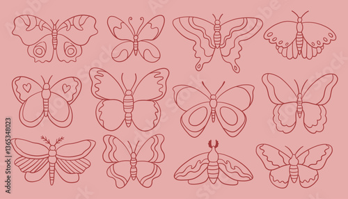 Whimsy butterfly set. Collection of various butterfly and moth designs on a pink background. Outline in red color, different styles and sizes