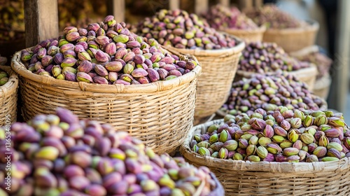 A Middle Eastern pistachio market scene with colorful spice stalls and baskets overflowing with fresh pistachios