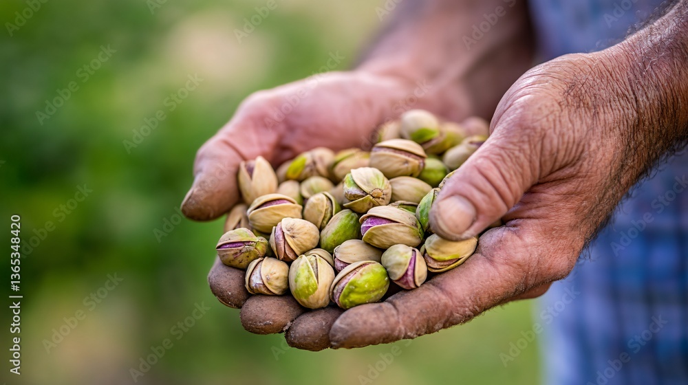 A pair of weathered hands gently cradling freshly picked pistachios, set against a blurred green orchard background A pair of weathered hands gently cradling freshly picked pistachios, set against a blurred green orchard background
