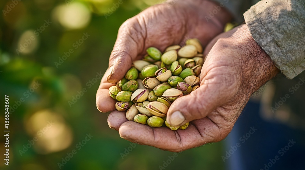 A pair of weathered hands gently cradling freshly picked pistachios, set against a blurred green orchard background A pair of weathered hands gently cradling freshly picked pistachios, set against a blurred green orchard background