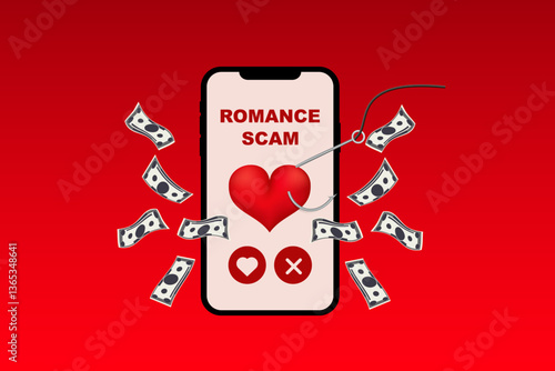 Smartphone screen shows message with a heart and money. represents romance scam awareness concept.