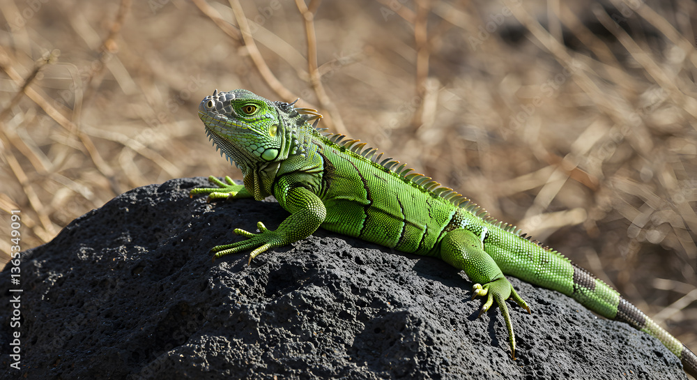 Fototapeta premium Vibrant green iguana basking serenely on a dark volcanic rock formation