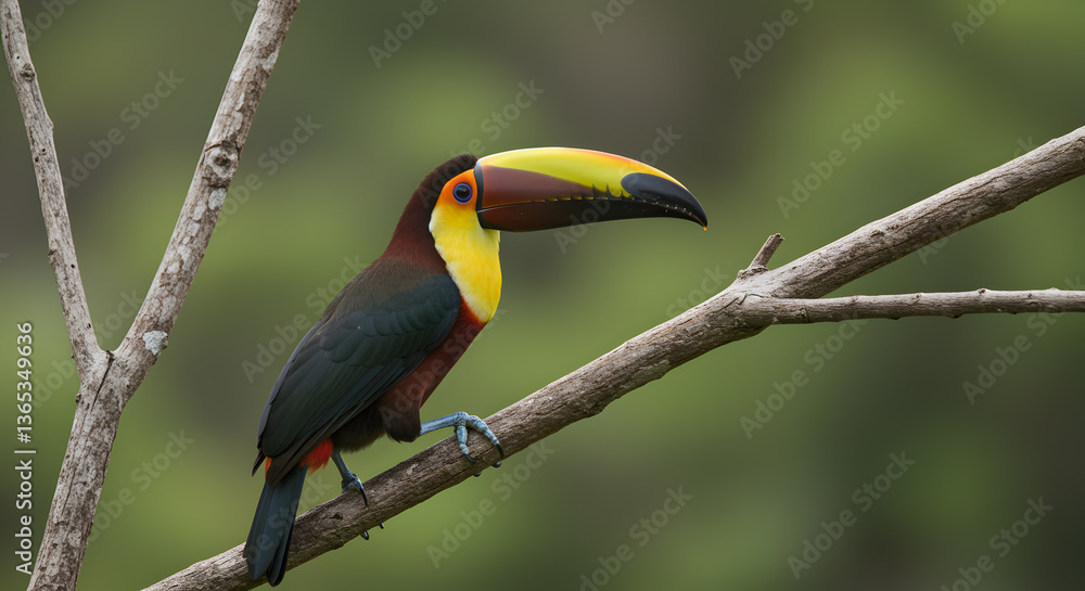 Obraz premium Striking keel-billed toucan perched gracefully on a branch in lush jungle foliage