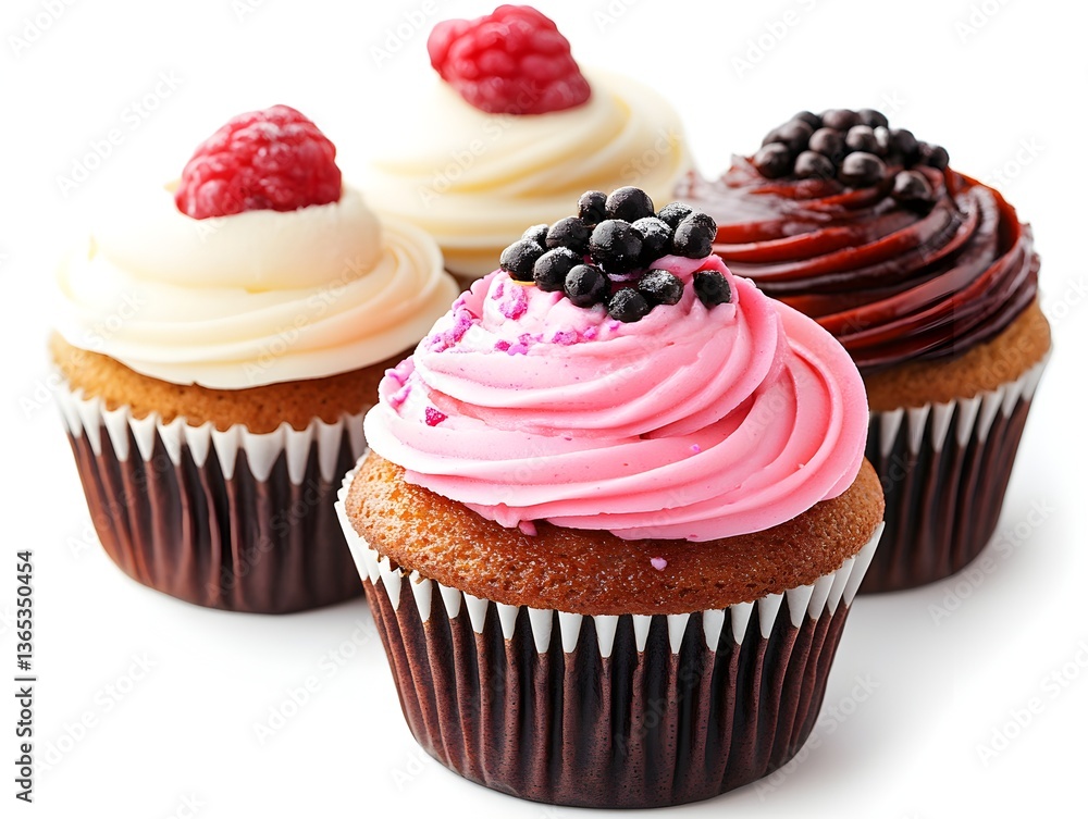 Four delicious cupcakes with various frostings and toppings are displayed on a white background perfect for bakery menu or website. Four delicious cupcakes with various frostings and toppings are displayed on a white background perfect for bakery menu or website.