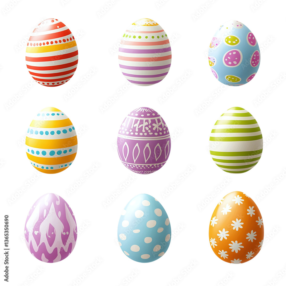 Collection of Easter eggs decorated with polka dots and stripes, isolated on white background Collection of Easter eggs decorated with polka dots and stripes, isolated on white background