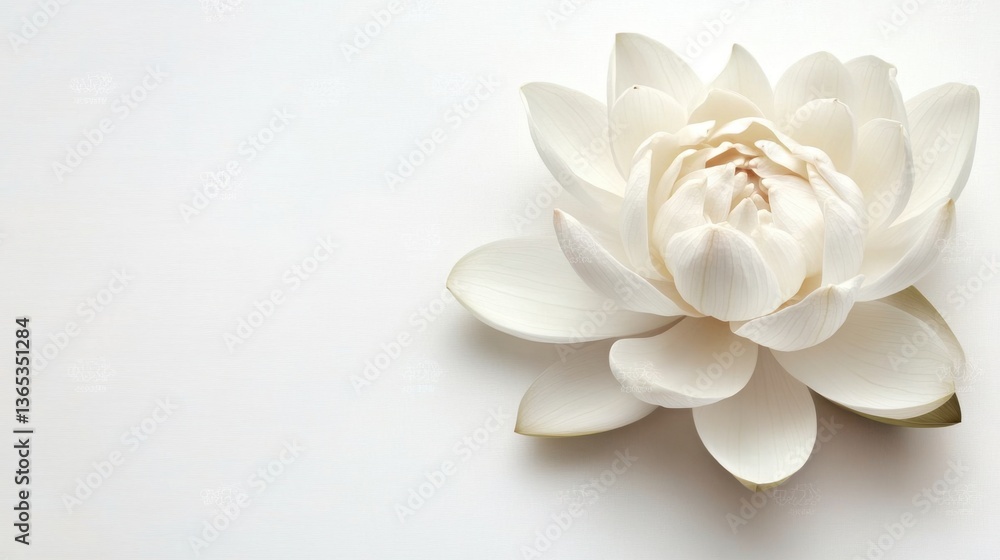 A delicate lotus flower in full bloom, resting on a pristine white background, symbolizing purity and spiritual enlightenment A delicate lotus flower in full bloom, resting on a pristine white background, symbolizing purity and spiritual enlightenment
