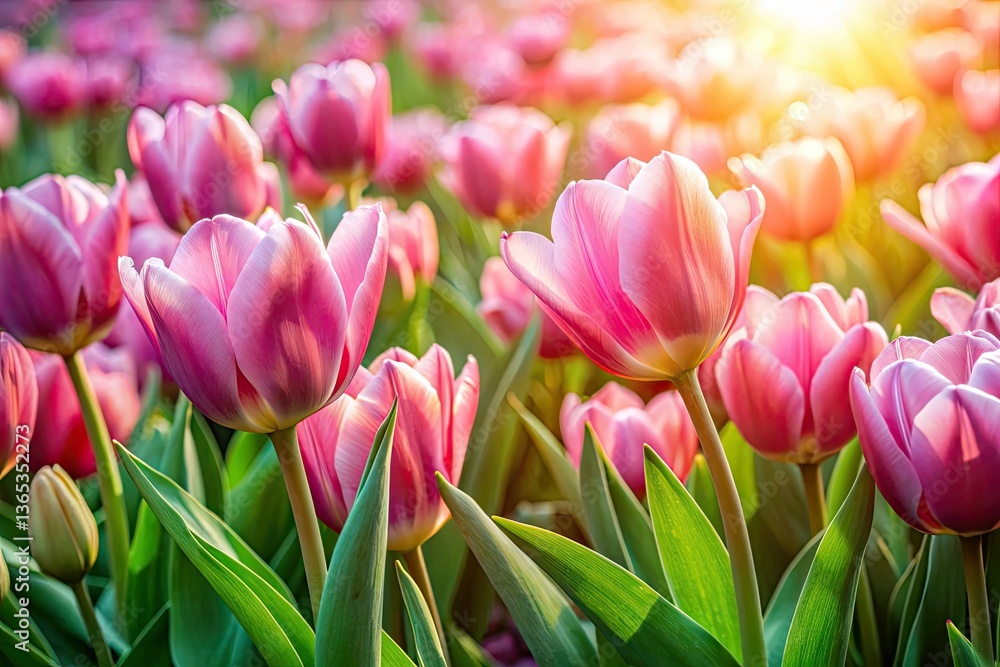 Fototapeta premium Pink Tulip Flower Bed Photography: Stunning Spring Blooms, Vibrant Colors, Close-Up Shots, Garden Photography, Floral Images, Beautiful Tulips
