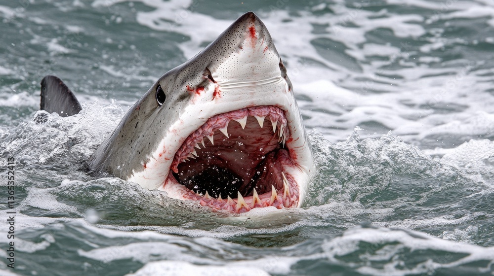 Fototapeta premium A dramatic moment as a great white shark opens its mouth wide, displaying its sharp fangs in the ocean depths