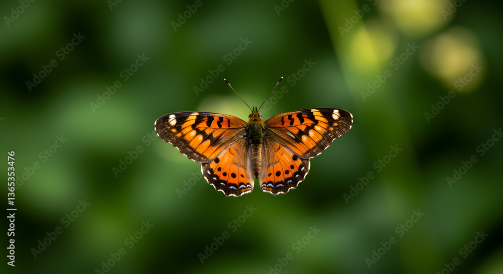 Vibrant Painted Lady butterfly with open wings against blurred green foliage Vibrant Painted Lady butterfly with open wings against blurred green foliage