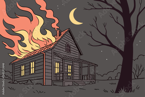Burning house in the forest at night. Vector illustration for your design