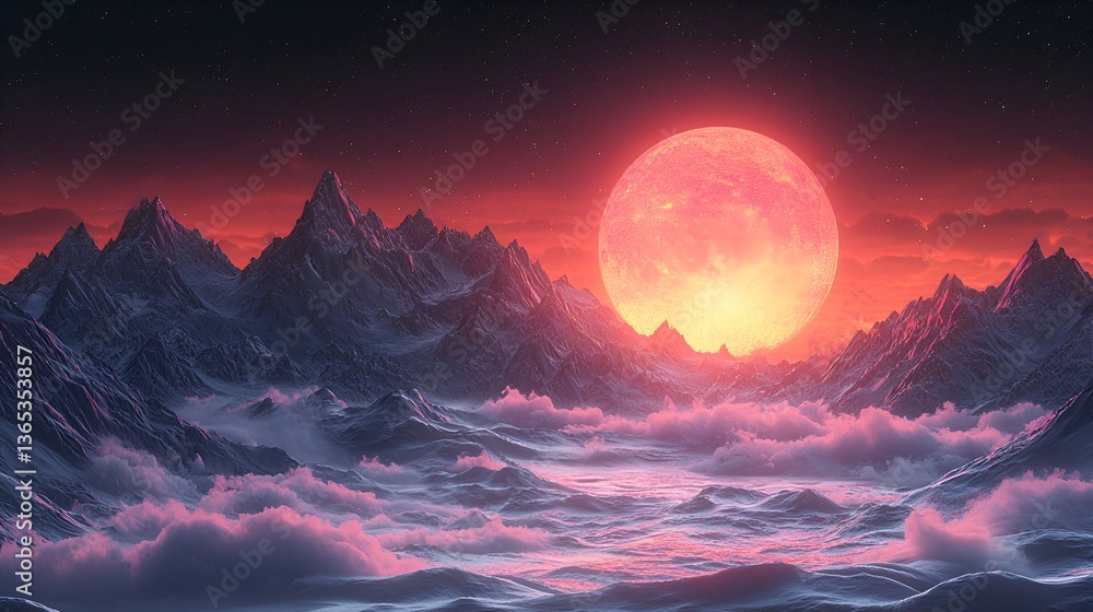 Fototapeta premium Crimson Moonrise over Snowy Mountainscape