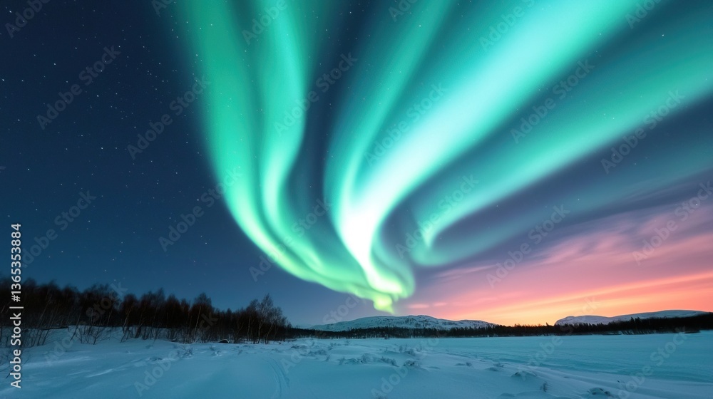 Naklejka premium Mesmerizing Aurora Borealis Dancing Over Snowy Landscape at Night