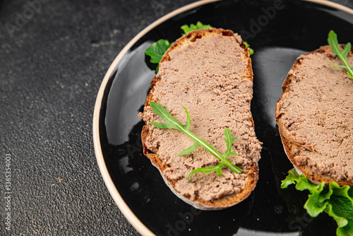 Pate meat chicken liver with mushrooms tasty fresh delicious gourmet food background on the table rustic food top view copy space