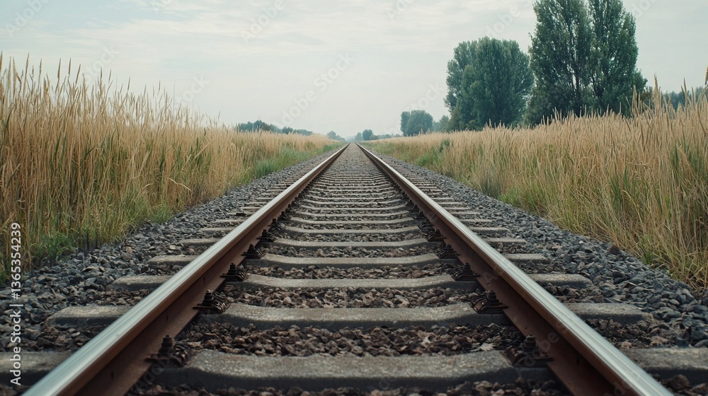Fototapeta premium Overgrown Abandoned Railway Track Surrounded by Wild Grass and Tall Trees in Nature