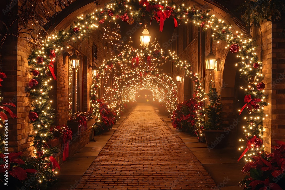 Obraz premium Festive street decorated with Christmas lights and garlands, holiday archway with glowing ornaments and red ribbons