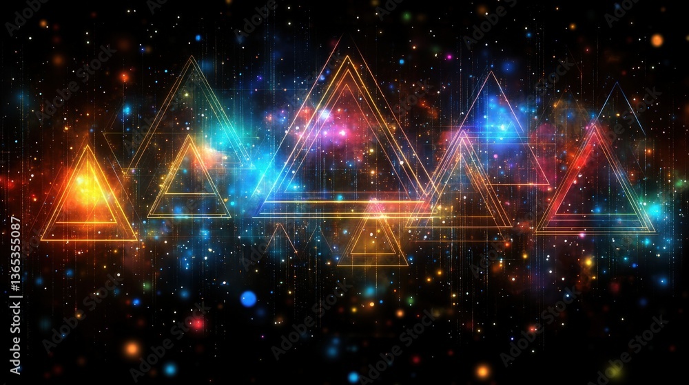 Obraz premium Colorful Geometric Triangles Against a Starry Background