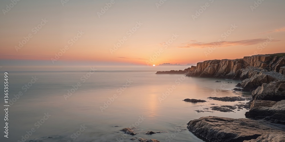 Fototapeta premium Sunset at rocky coastline with serene water and golden sky during twilight.