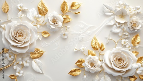 Delicate white roses and gold leaves.  3D floral design