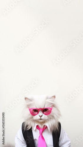 A stylish white cat dressed in a fashionable outfit, featuring pink eyeglasses and a trendy tie. The vertical composition is perfect for social media stories and reels