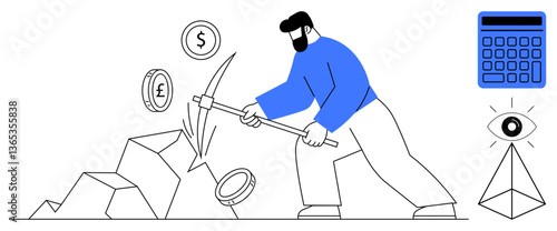 Man mining currency symbols with pickaxe, calculator, eye, and pyramid highlight finance, currency, investment, digital assets, wealth creation analysis and blockchain concepts. Flat simple