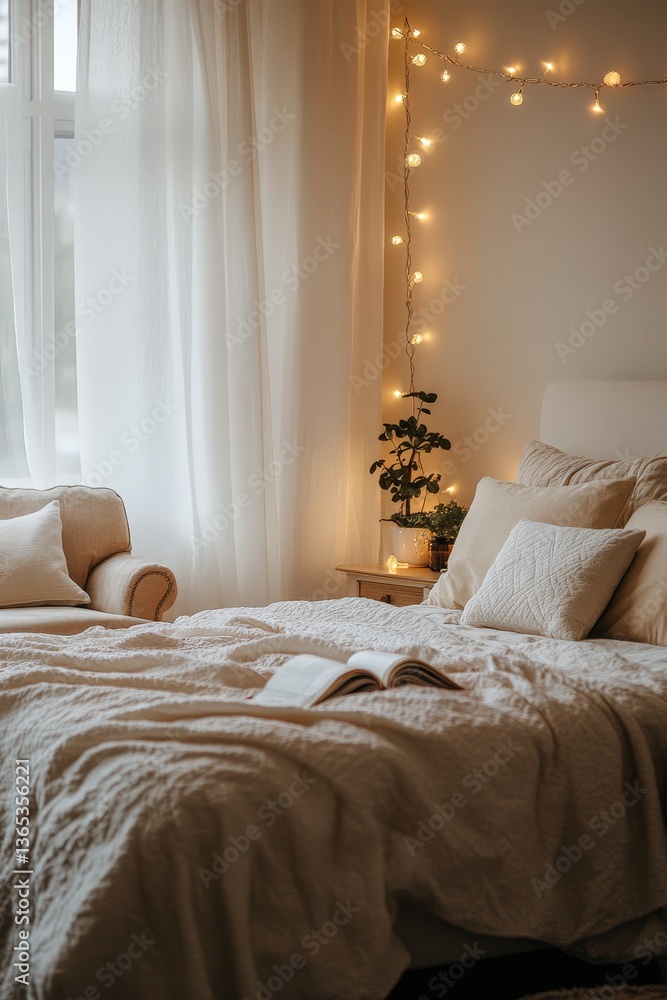 Obraz premium Cozy bedroom interior with soft bedding fairy lights and a book Peaceful and relaxing atmosphere