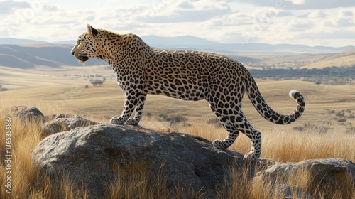A leopard surveys its vast territory from a rocky hill, its ears twitching as it listens to the distant sounds of the wild