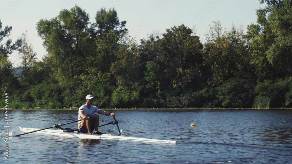 Rower solo training. Side view of young caucasian male rower, during a rowing practice, athlete sitting in a boat in the river Dnipro, rows through a calm water in autumn. 4k footage. Caucasian man tr Rower solo training. Side view of young caucasian male rower, during a rowing practice, athlete sitting in a boat in the river Dnipro, rows through a calm water in autumn. 4k footage. Caucasian man tr